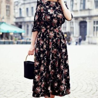 Vestido Floral Negro Manga Larga Midi